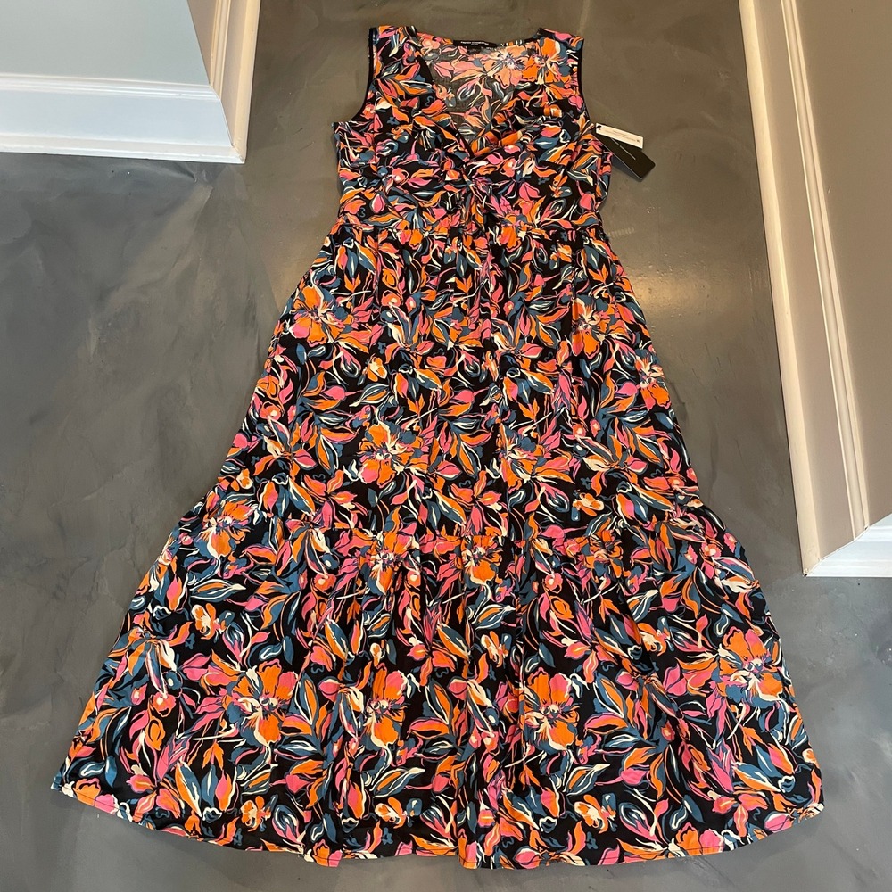 French Connection XL Twist Front Floral Maxi Dress Sleeveless Tiered Multi-Color